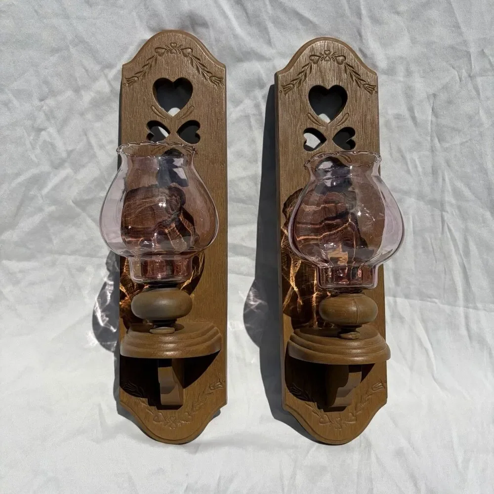 Vtg Set of 2 Burwood Faux Wood Wall Mount Candle Holders/Sconces W/ ❤️ Cut Outs.